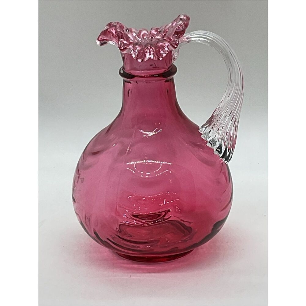 Fenton Handblown Cranberry Swirl Small Glass Pitcher with Clear Handle